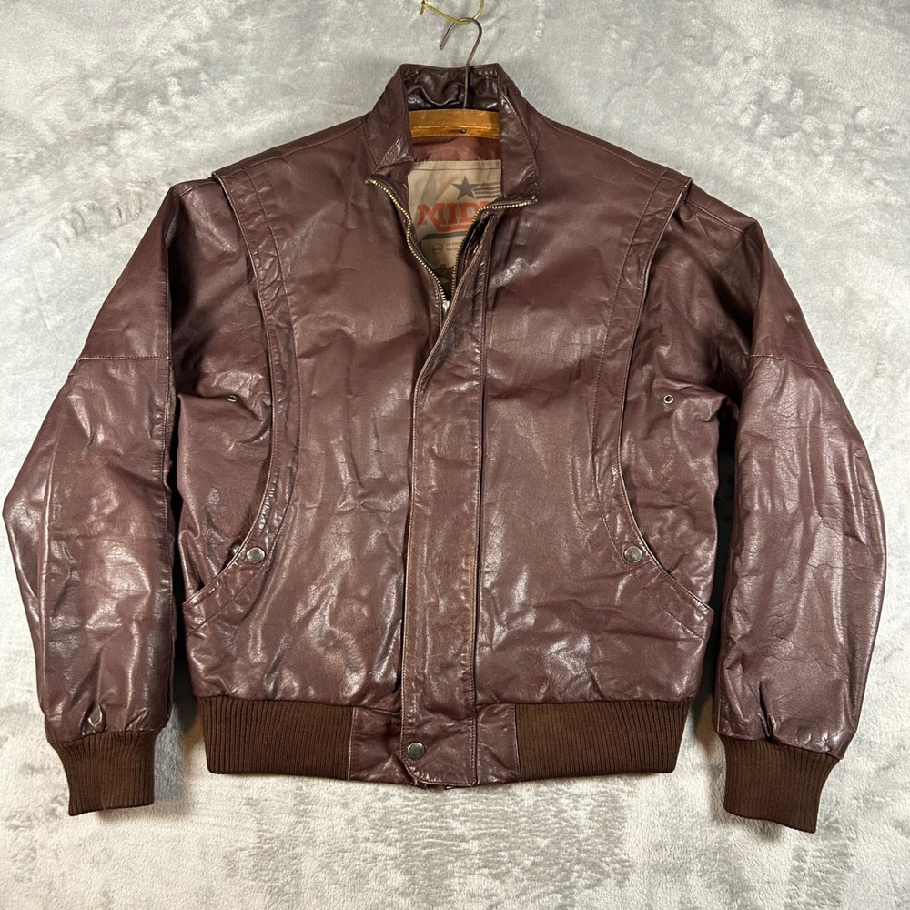 Midway Mens Brown Leather Bomber Jacket Aviator Flight Coat Size 38 Vintage